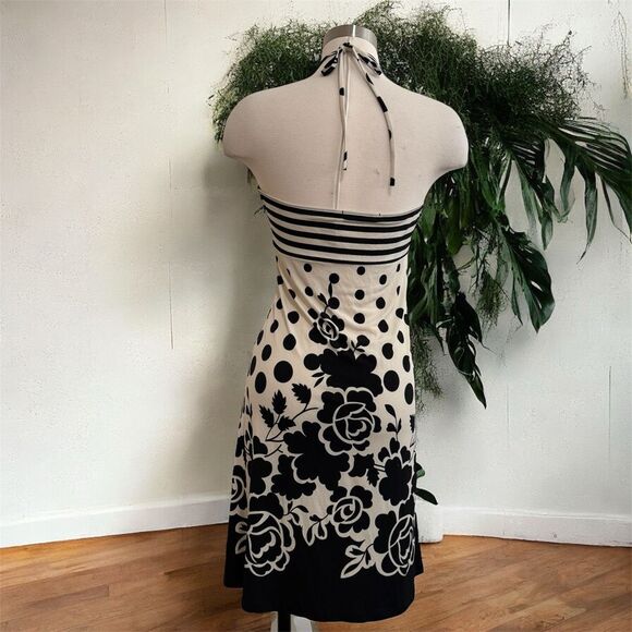 Forever Cream Black Tube Halter Shift Dress Midi Small Medium Stripe Polka Dot - Picture 2 of 6